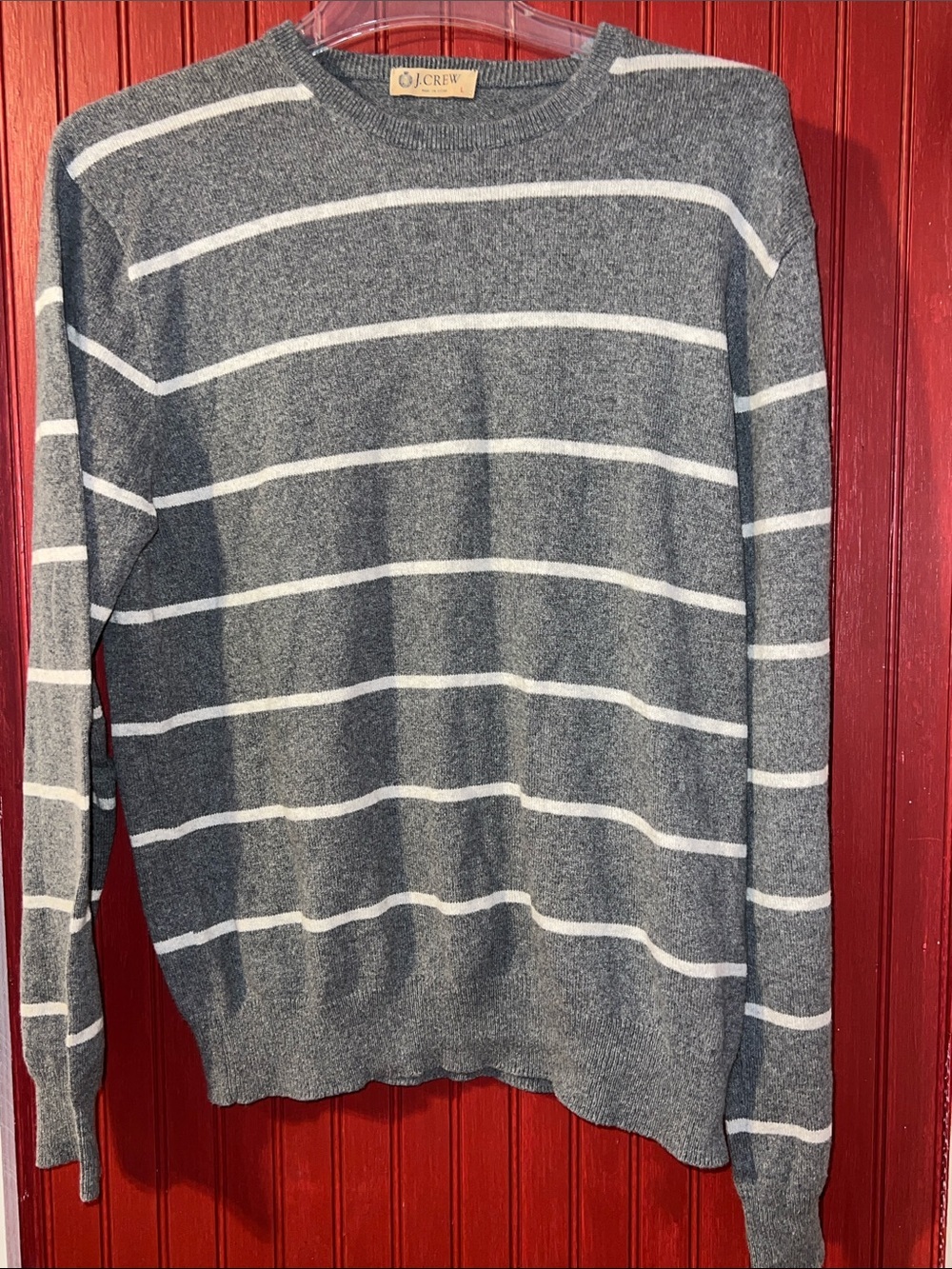 J. Crew Gray and White Striped Crewneck Cashmere Blend Sweater L